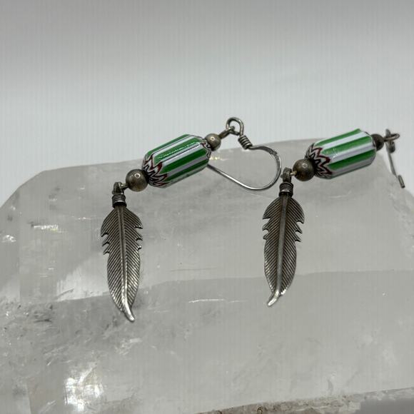 1970's Dangle Earrings with Silver Tone Feather and Bead - Picture 1 of 7